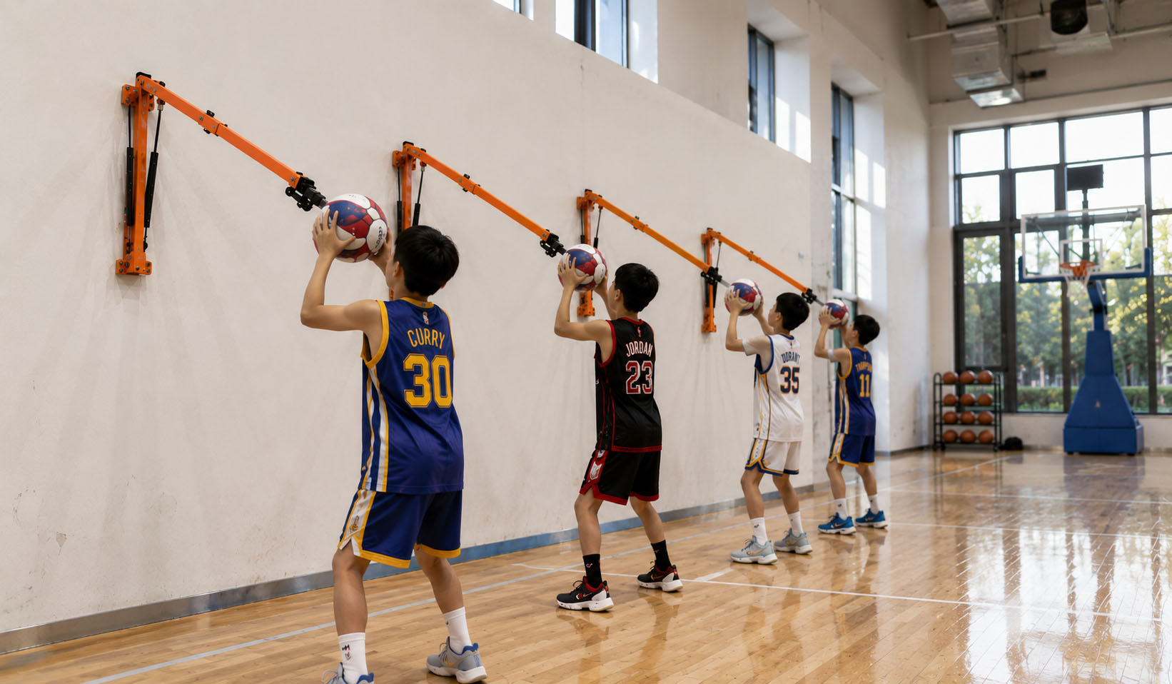 Youth basketball athlete improving shooting mechanics using a foldable basketball shooting trainer